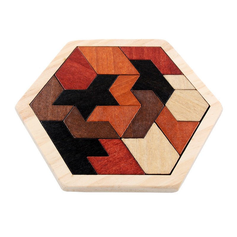 Houten Hexagon Puzzel – Geometrisch 3D Speelgoed (Tangramstijl)