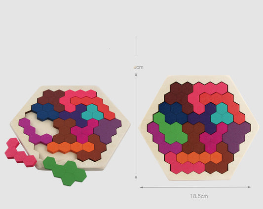 Houten Hexagon Puzzel – Geometrisch 3D Speelgoed (Tangramstijl)