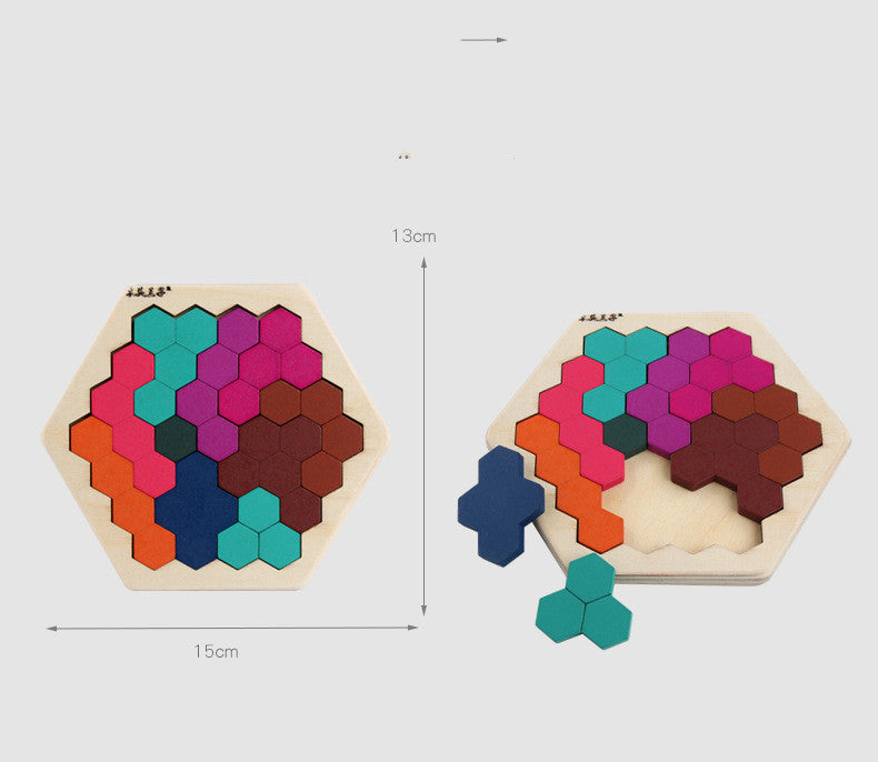 Houten Hexagon Puzzel – Geometrisch 3D Speelgoed (Tangramstijl)